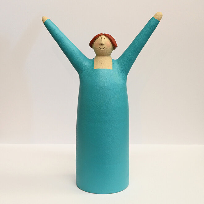 Vrolijke Vrouw, Freudenmädchen, Keramiek turquoise H27cm