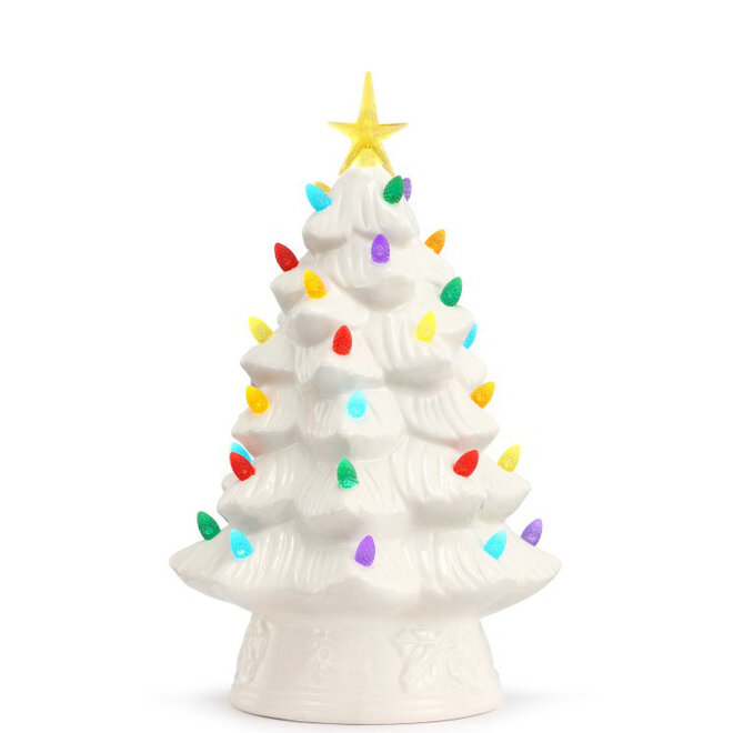 Porseleinen Witte Kerstboom met Gekleurde Lichtjes H30cm