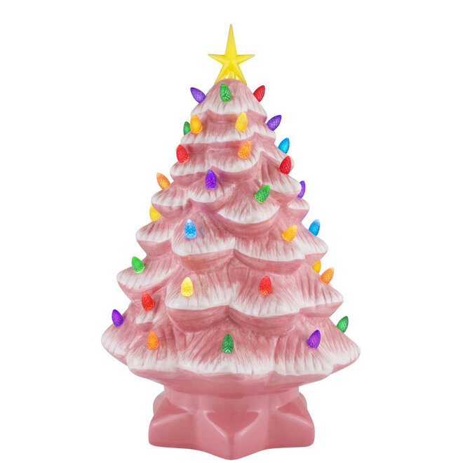 Porseleinen Roze Kerstboom met Gekleurde Lichtjes H38cm