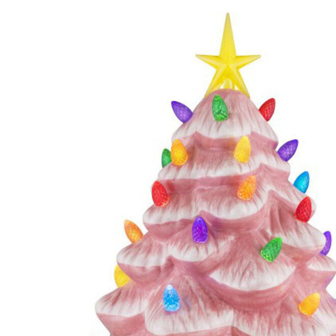 Porseleinen Roze Kerstboom met Gekleurde Lichtjes H38cm