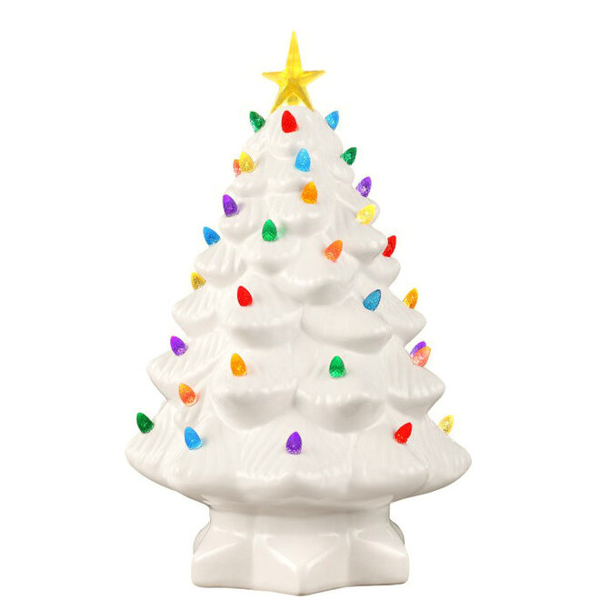 Porseleinen Witte Kerstboom met Gekleurde Lichtjes H38cm