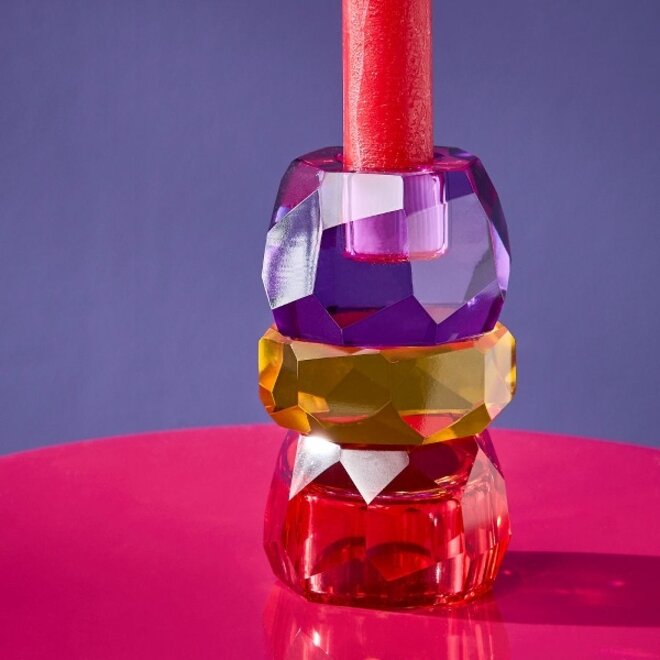 Glazen Kandelaar Crystal, paars, goud en magenta H10cm