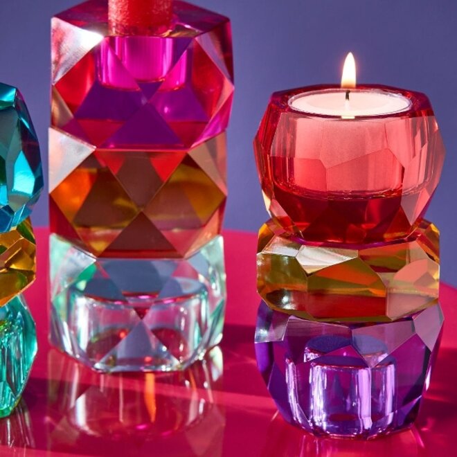 Glazen Kandelaar Crystal, paars, goud en magenta H10cm