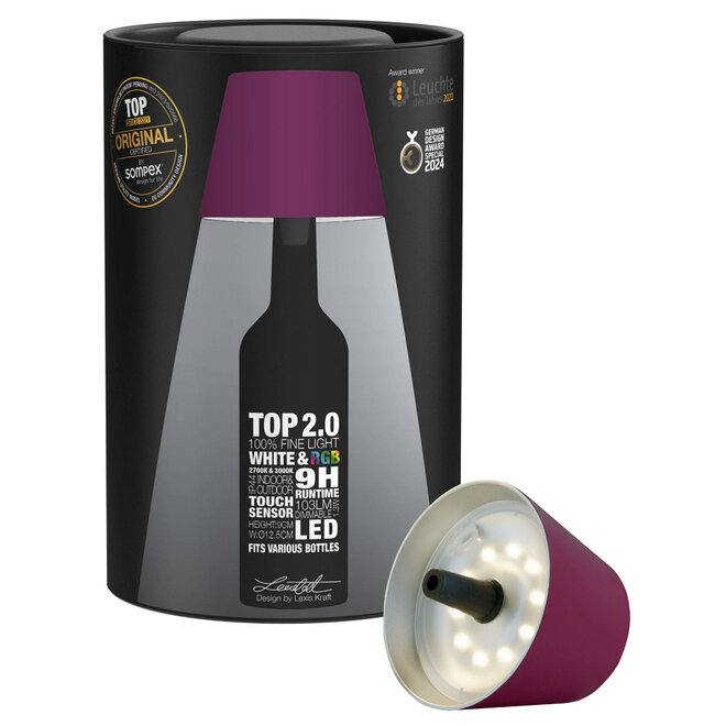 Sompex TOP 2.0 oplaadbare RGB fleslamp, bordeaux