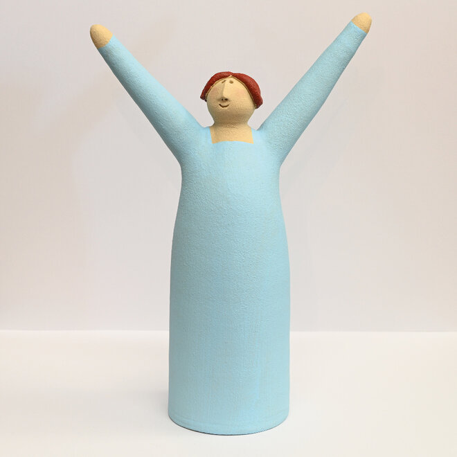 Vrolijke Vrouw, Freudenmädchen, Keramiek licht turquoise H27cm