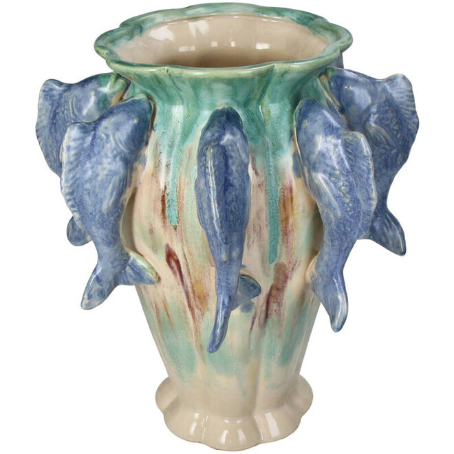 Vaas Vissen, blauw, groen, crème H31cm