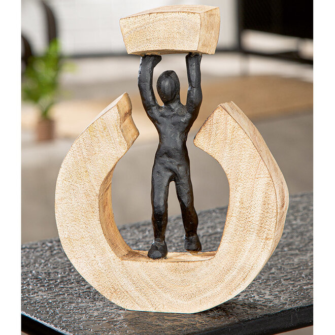 Sculptuur 'Strong', mangohout, aluminium H22cm