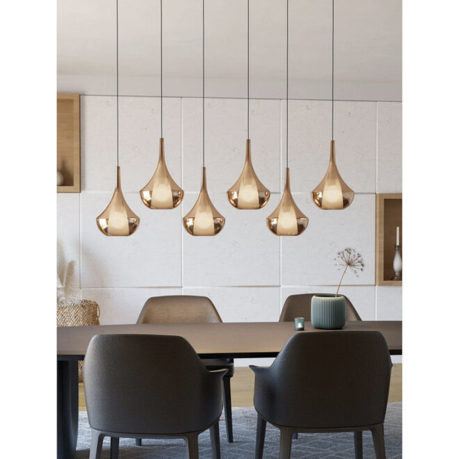 Hanglamp Almoster, 6 lichts, aan balk L320 cm, hoogte instelbaar