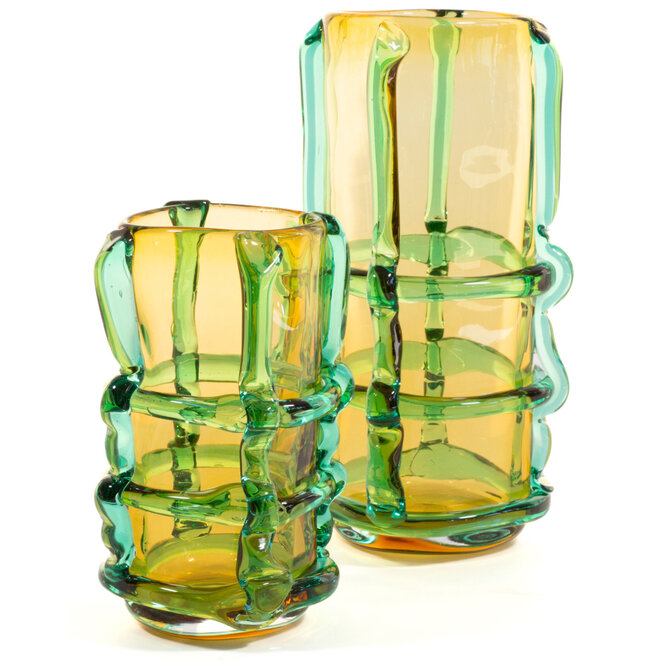 Glazen Vaas Franja geel, groen H31cm