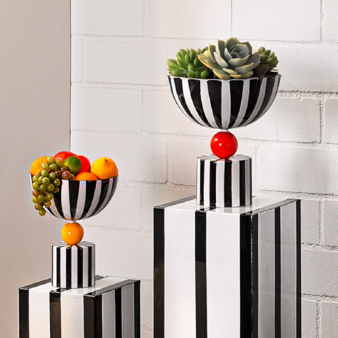 Metalen Vaas Stripes Zwart, wit, geel H25cm