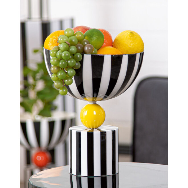 Metalen Vaas Stripes Zwart, wit, geel H25cm