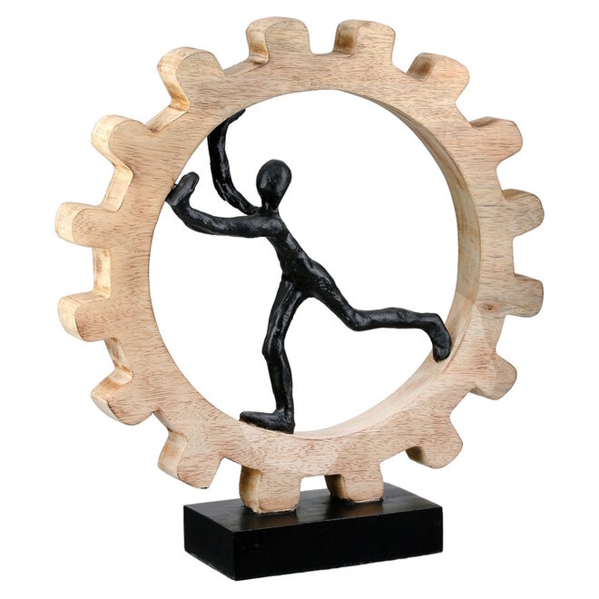 Sculptuur 'Gear', mangohout, aluminium, H36cm