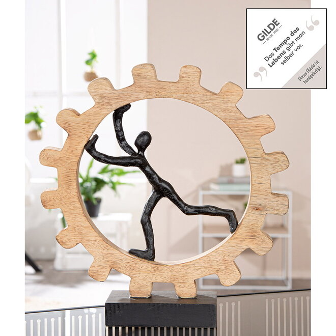 Sculptuur 'Gear', mangohout, aluminium, H36cm