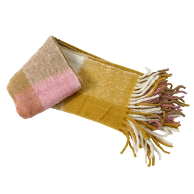 Plaid Mohair Geel Roze met franjes 130x170