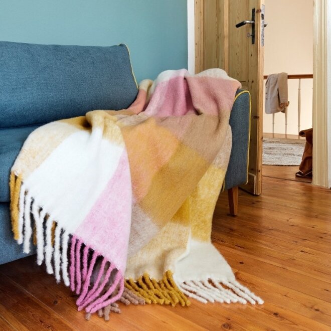 Plaid Mohair Geel Roze met franjes 130x170