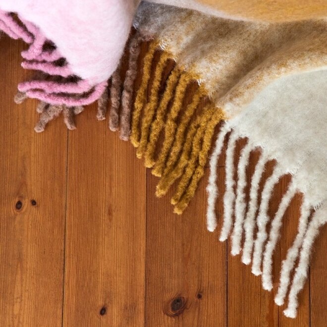 Plaid Mohair Geel Roze met franjes 130x170