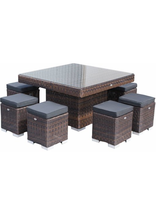 Diningset Tirana - Bruin - Rond vlechtwerk - 8 zitplaatsen