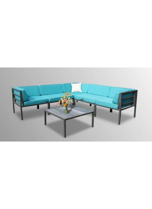 Loungeset Beverly - 6-delig - Grijs aluminium - Blauwe kussens