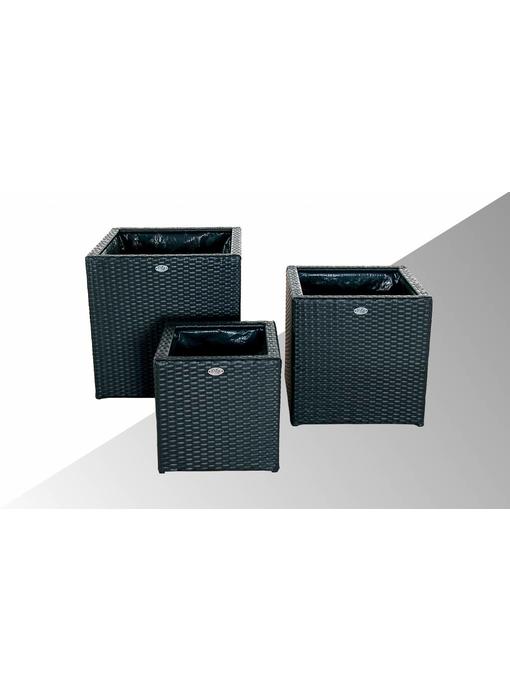 Bloembak Piazza - vierkant - Zwart - Plat vlechtwerk