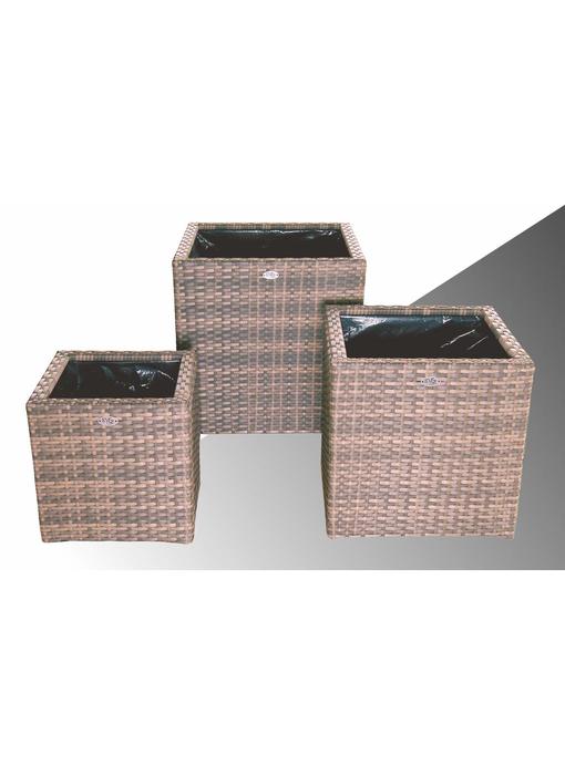 Bloembak Piazza - vierkant - Cappuccino - Plat vlechtwerk