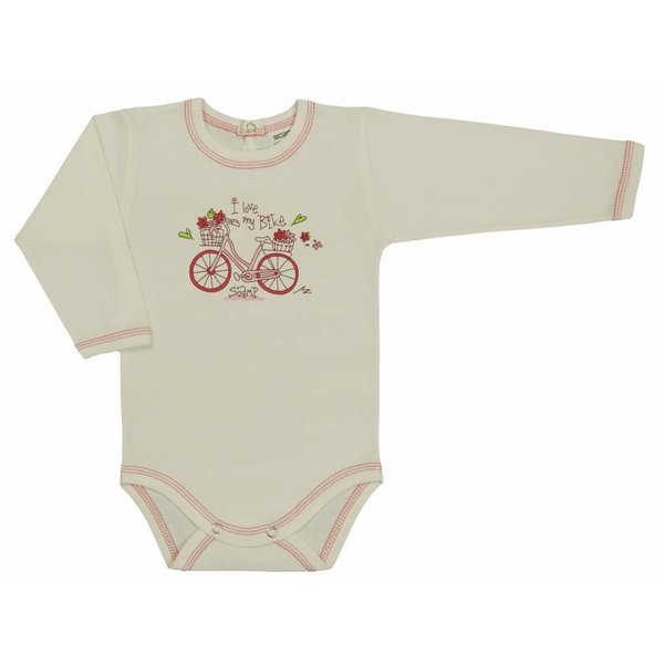  Baby-Body langarm nature weiss mit Fahrrad und Blumen mir rosa Saum.