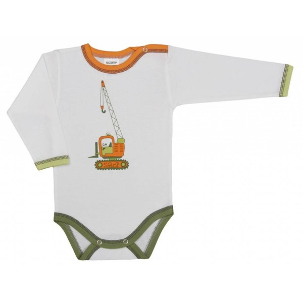  Baby-Body langarm weiss mit kleinem orangem Kran, Saum farblich abgestuft.
