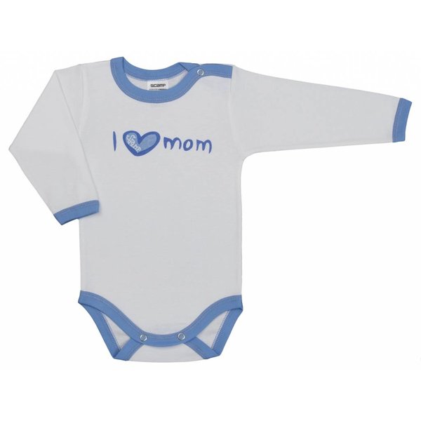  Baby-Body langarm weiss mit blauem "I love mom" oder " I love dad" Schriftzug und blauem Saum
