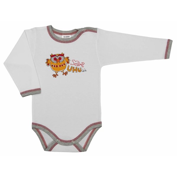  Baby-Body langarm weiss mit lustigem Eulen Motiv und mit grau rotem Saum
