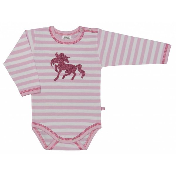  Einteiler langarm rosa weiss gestreift mit Glitzer Einhorn