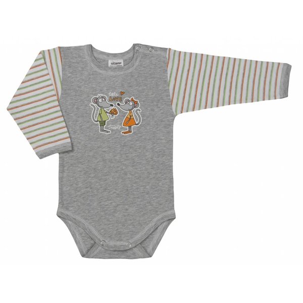  Baby-Body langarm grau mit Mäuschen Motiv, Ärmel schmal weiss-grün-orange gestreift