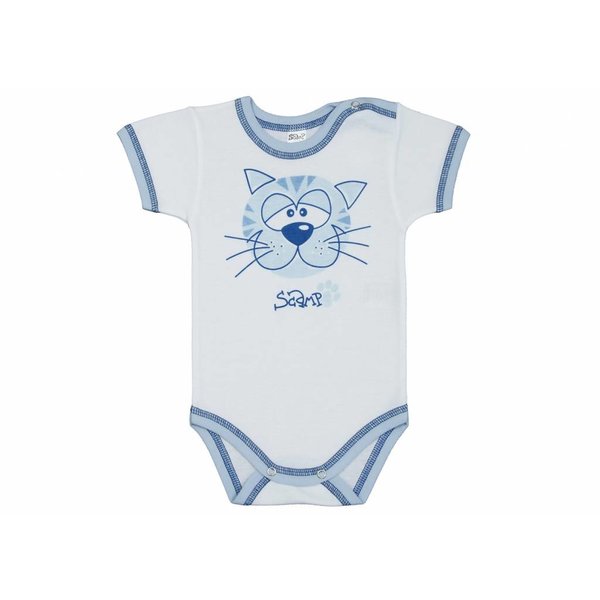  Baby-Body kurzarm weiss mit fröhlichem Kätzchengesicht und blauem Saum