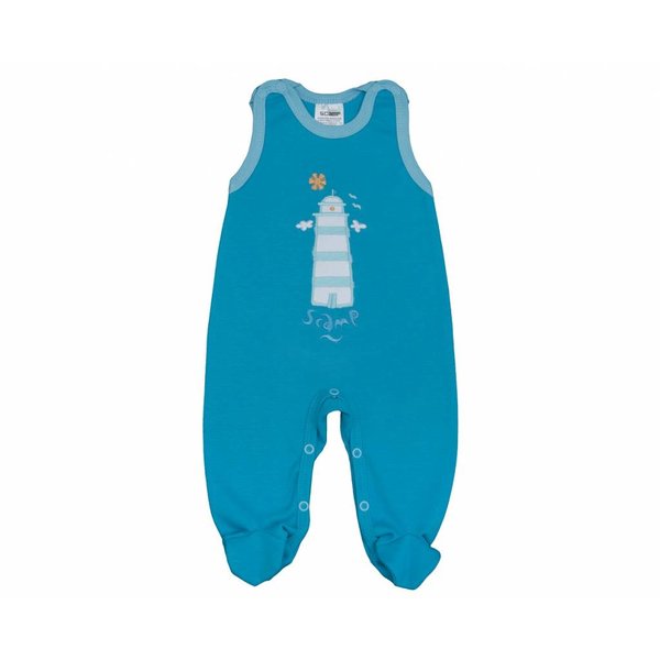  Strampler blau mit hellblau/weissem Leuchturm und Füsschen geschlossen