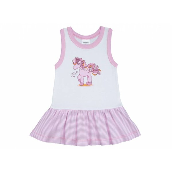  Mädchenkleid Träger weiss mit Pony Motiv und weiss/rosa schmal gestreiftem Rockteil