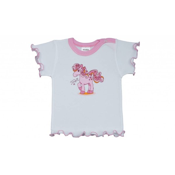  Tolles T-Shirt weiss mit gekräuseltem rosa Saum und mit kleinem rosa Pony