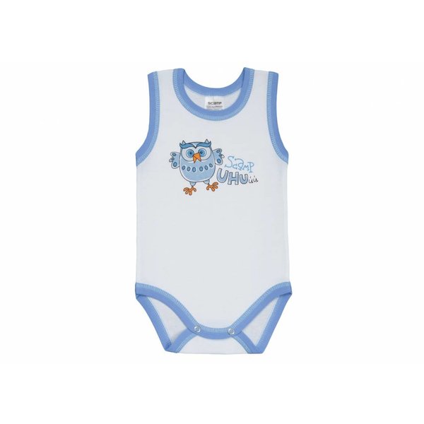  Baby-body Träger weiss mit kleiner blauen Eule und blauem Saum