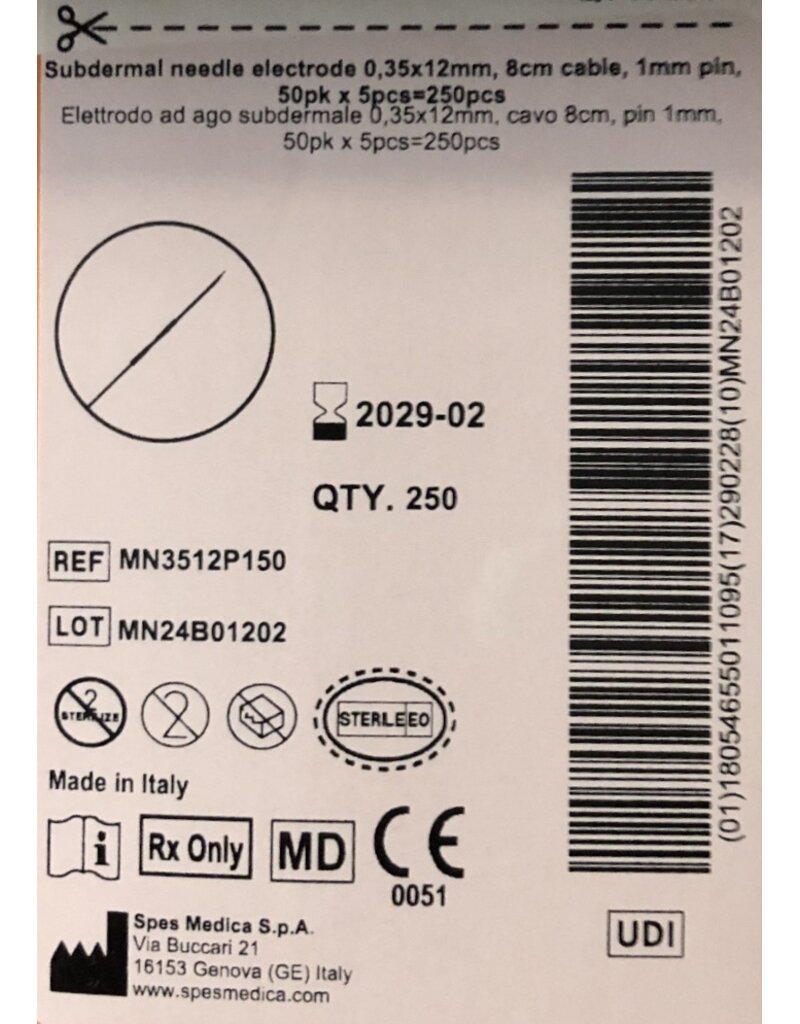 Spesmedica Electrodos de aguja desechables para EEG/EP de 12 mm (caja de 250)