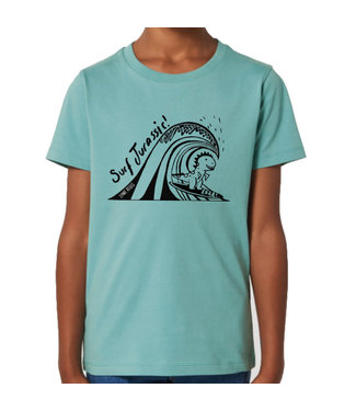 Boylo's Surfing Dino Kids T-Shirt Teal Monstera