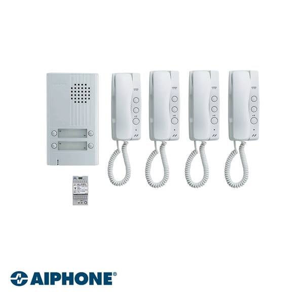 Aiphone Audio set 4 apartments Included: 1 x DA4DS + 4x DA1MD + 1 x PT1211DR. 2 wires per apartment (if 1 power supply per horn). Extra thin body door station: 22 mm aluminum front plate. 2 pairs per post if there is a common power supply for the internal
