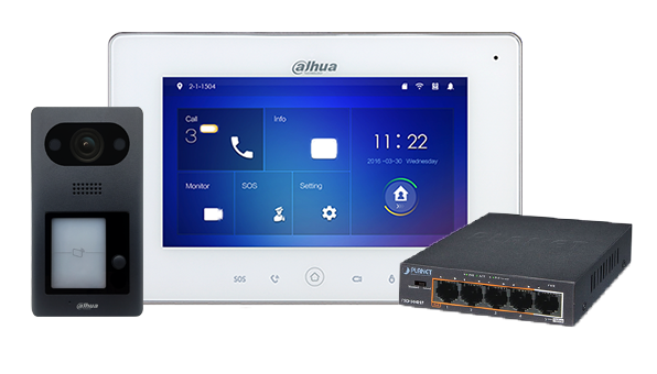 Este completo sistema de interfone Dahua é totalmente baseado em IP e Plug and Play, graças à função Power over Ethernet. Para ser visto em nosso showroom em Gorinchem. Com 1 unidade externa de botão, unidade interna e interruptor POE.