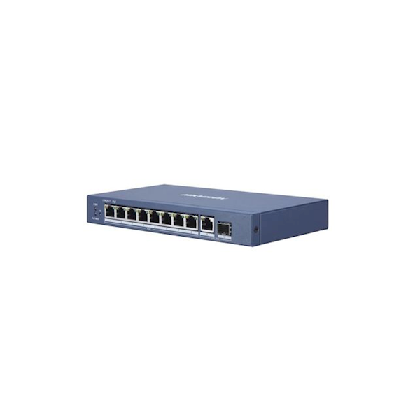 The DS-3E0510P-E switche is a Layer 2 gigabit unmanaged PoE switch, providing 8 gigabit PoE ports, one gigabit RJ45 port and one SFP port. The switches offer advanced PoE technology and connect other devices with high performance.