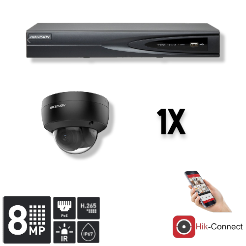 This kit consists of: 1 x 4 Channel 4K recorder 1 x 8 Megapixel smart Hikvision camera 1 x Hik-Connect app 1 x Free PC / MAC software 1 x 20 meter CAT5 cable 1 x USB mouse 1x 1 meter HDMI cable