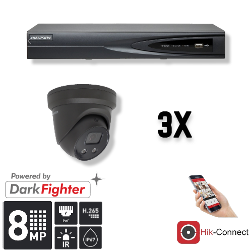 This kit consists of: 1 x 8 Channel 4K recorder 3 x 8 Megapixel smart Hikvision camera 1 x Hik-Connect app 1 x Free PC / MAC software 3 x 20 meters CAT5 cable 1 x USB mouse 1 x 1 meter HDMI cable