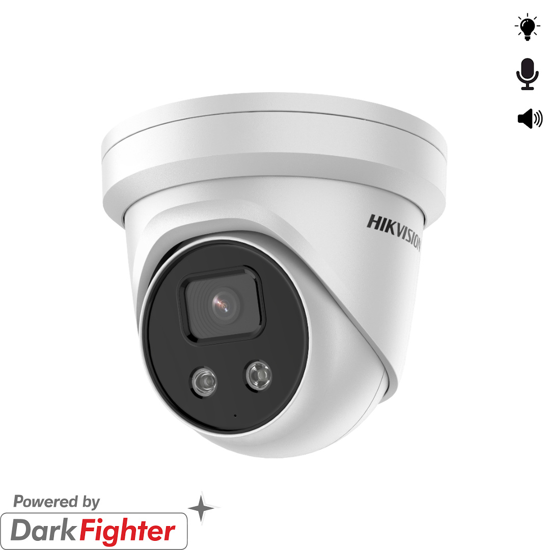 This camera features: - View images anywhere in the world via Hik-Connect. - Save images to NVR or SD card. - 2 Megapixel lens with 110° degree viewing angle. - 30 meters of night vision. - Micro SD slot up to 256GB. - Flash light, audio and siren.