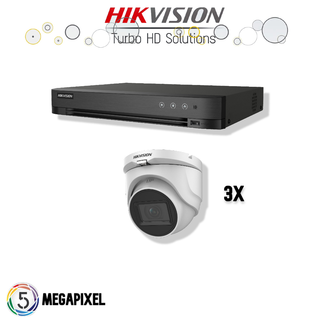 Questo set è composto da: - 1x Hikvision DS-7204HUHI-K1 - 3x DS-2CE76H0T-ITMF(C)