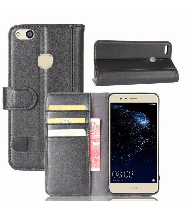 Authentiek Split Leren Wallet Stand Hoesje Cover Huawei P10 Lite - Zwart