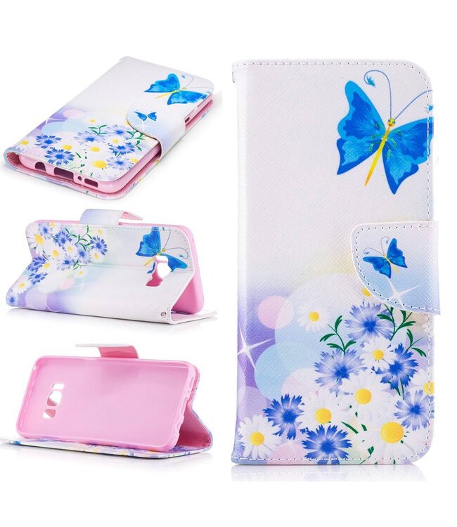 Wallet Stand Leren Hoesje Samsung Galaxy S8 - Blauw Butterfly en Daisies