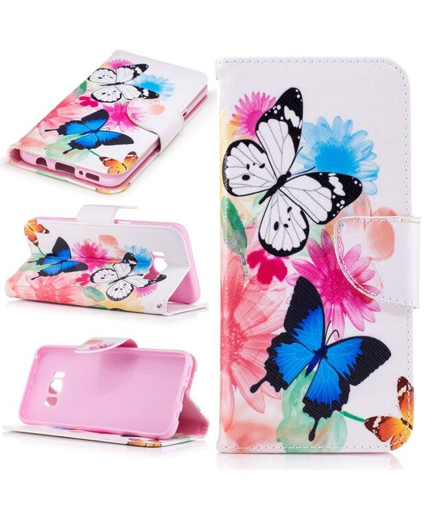 Leren Flip Folio Hoesje Samsung Galaxy S8 - Butterflies en Flowers