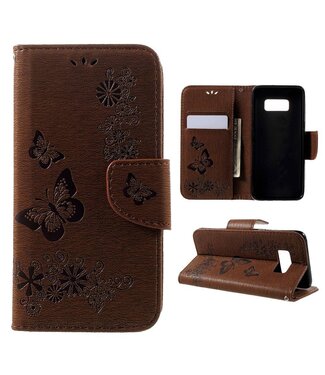 Imprinted Butterfly Flowers Wallet Leren Stand Cover Hoesje Samsung Galaxy S8 - Bruin