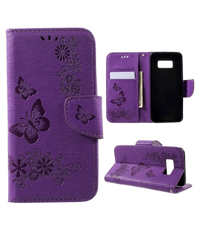 Imprinted Butterfly Flowers Leren Case Hoesje Wallet Samsung Galaxy S8 - Paars