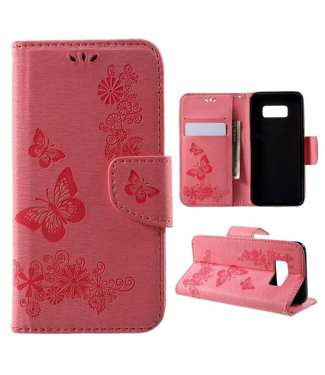 Butterfly Flowers Imprinted Kunstleer Wallet Hoesje Stand Samsung Galaxy S8 - Roze